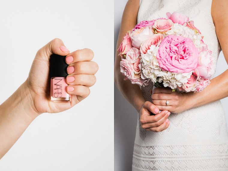 Unghie gel semplici ma belle, smalto colore rosa in abbinamento al bouquet della sposa 