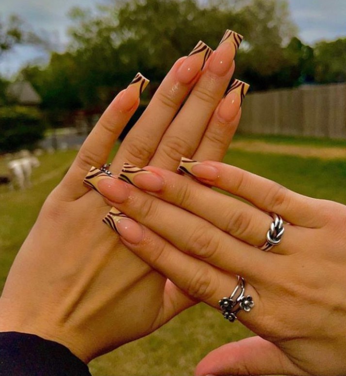 brown wavy nude french nails